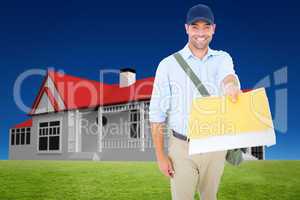 Composite image of happy postman delivering letter on white back