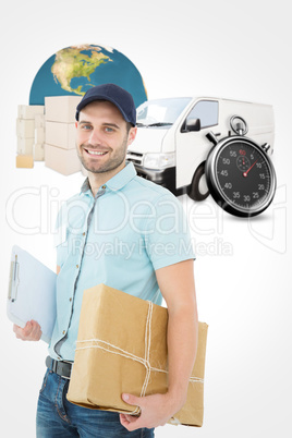 Composite image of portrait of happy courier man with parcel