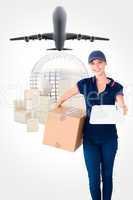 Composite image of happy delivery woman holding cardboard box an
