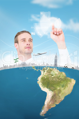 Composite image of cheerful businessman pointing with his finger