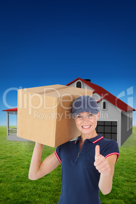 Composite image of happy delivery woman holding cardboard box sh