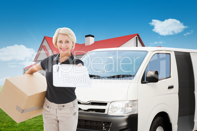 Composite image of happy delivery woman looking for signature