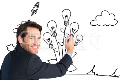 Composite image of businessman standing and writing while lookin