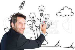 Composite image of businessman standing and writing while lookin