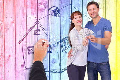 Composite image of couple holding fan of cash