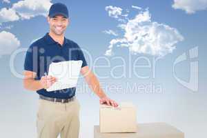 Composite image of happy delivery man with cardboard boxes and c