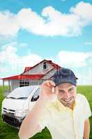 Composite image of handsome delivery man wearing baseball cap