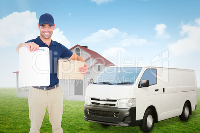 Composite image of delivery man with package giving clipboard fo