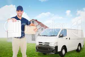 Composite image of delivery man with package giving clipboard fo