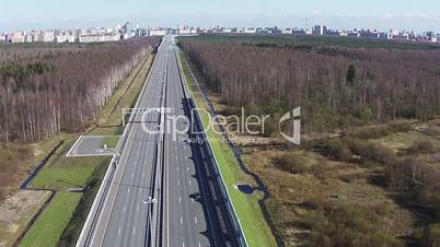 Flying Above Highway with Traffic Cars, aerial view