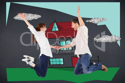 Composite image of couple jumping and holding hands