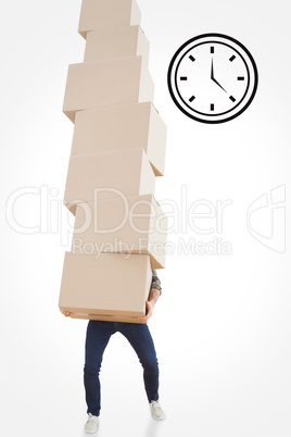 Composite image of man carrying pile of boxes