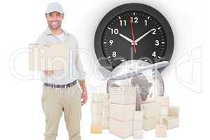Composite image of delivery man giving package on white backgrou