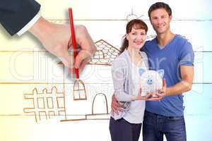 Composite image of couple holding a white piggy bank