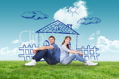 Composite image of couple both sitting on floor