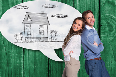 Composite image of portrait of happy couple back to back