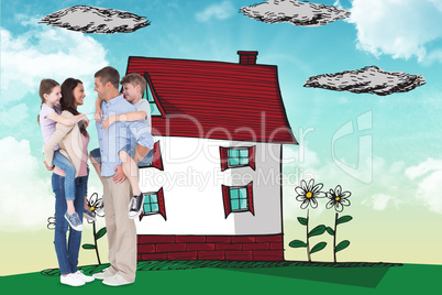 Composite image of side view of parents giving piggyback ride to