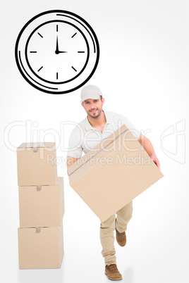 Composite image of delivery man with cardboard box running