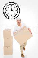 Composite image of delivery man with cardboard box running