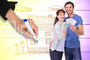 Composite image of couple holding fans of cash