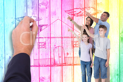 Composite image of family of four pointing at copy space