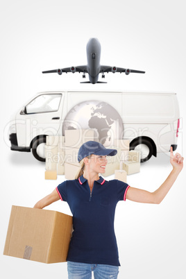 Composite image of happy delivery woman holding cardboard box an