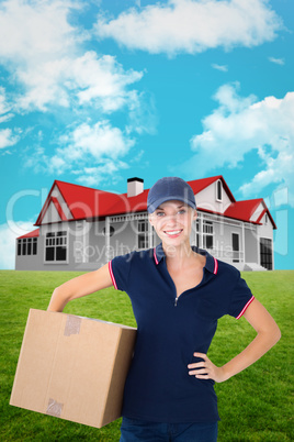 Composite image of happy delivery woman holding cardboard box