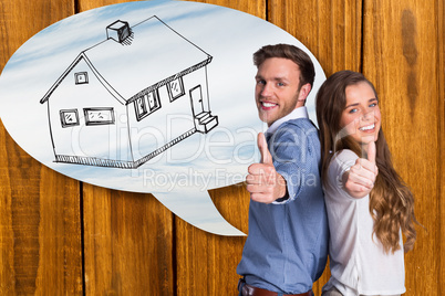 Composite image of happy young couple gesturing thumbs up