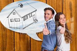 Composite image of happy young couple gesturing thumbs up