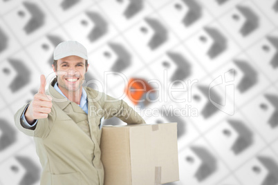 Composite image of happy delivery man gesturing thumbs up while