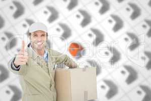 Composite image of happy delivery man gesturing thumbs up while