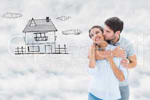 Composite image of cute couple hugging and smiling