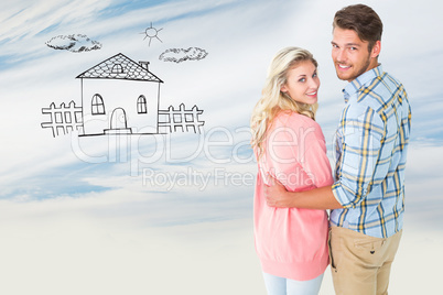 Composite image of attractive couple turning and smiling at came