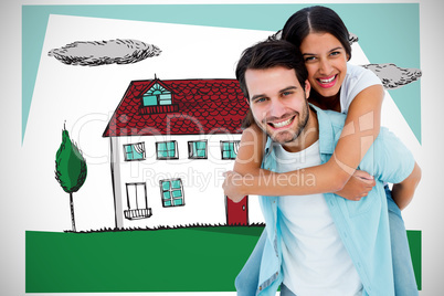 Composite image of happy casual man giving pretty girlfriend pig