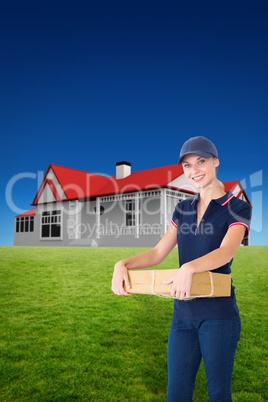 Composite image of happy delivery woman holding cardboard box