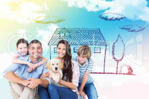 Composite image of happy family with cute dog over white backgro
