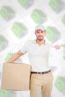 Composite image of delivery man with cardboard box showing clipb