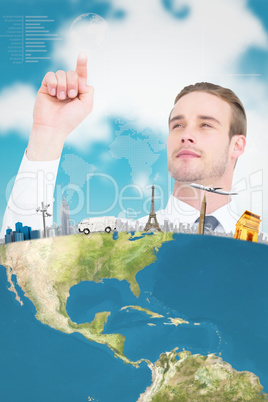 Composite image of cheerful businessman pointing with his finger