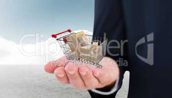 Composite image of mid section of a businessman with hands out