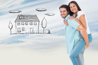 Composite image of happy casual man giving pretty girlfriend pig