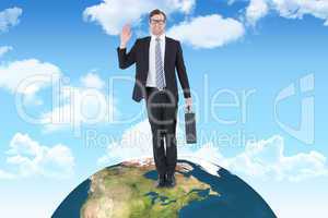 Composite image of geeky hipster businessman waving at camera