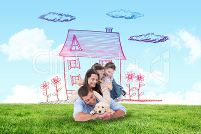 Composite image of happy family with puppy