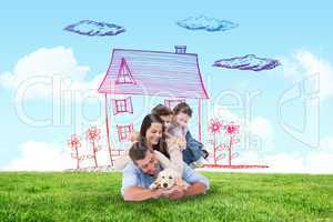 Composite image of happy family with puppy