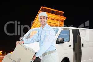Composite image of confident delivery man pushing trolley of car