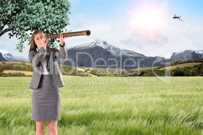 Composite image of businesswoman looking through a telescope