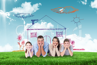 Composite image of happy family lying with head in hands