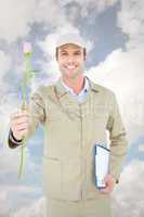 Composite image of delivery man with clipboard offering rose