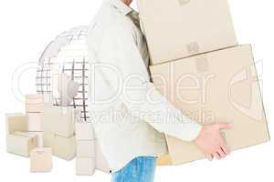 Composite image of delivery man carrying cardboard boxes