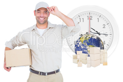 Composite image of portrait of happy delivery man with cardboard
