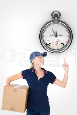 Composite image of happy delivery woman holding cardboard box an